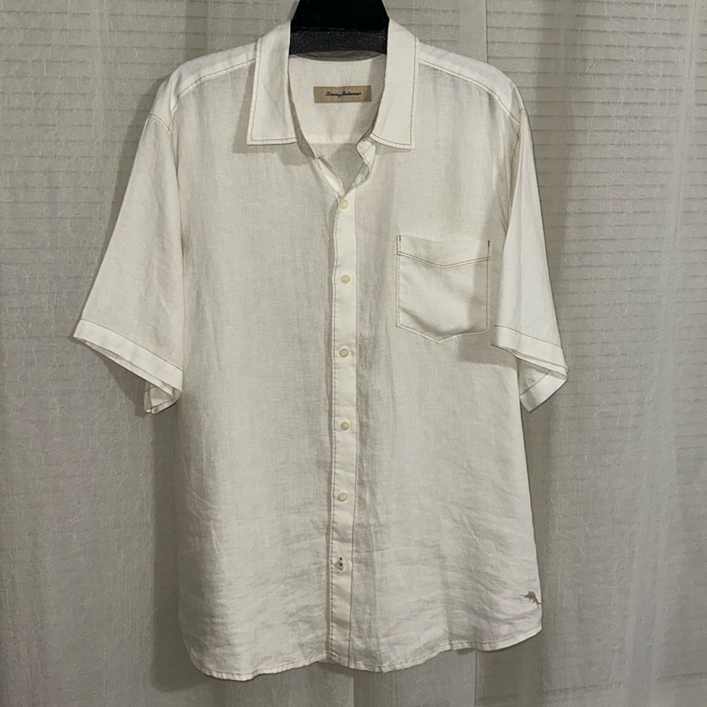 Tommy Bahama XL White Classic Tan Logo Breathable Linen Short Sleeve Shirt